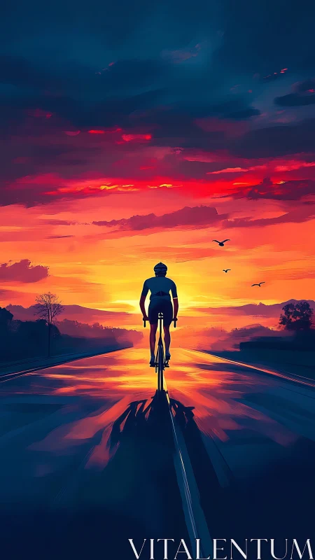 Cyclist silhouetted against fiery sunset sky.