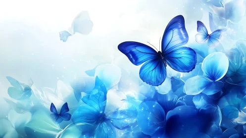 Blue butterfly glides above luminous abstract petals