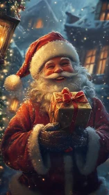Festive Santa portrait with glowing gift in snowy village.
