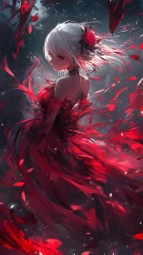 White haired anime girl in swirling red feathered dress.