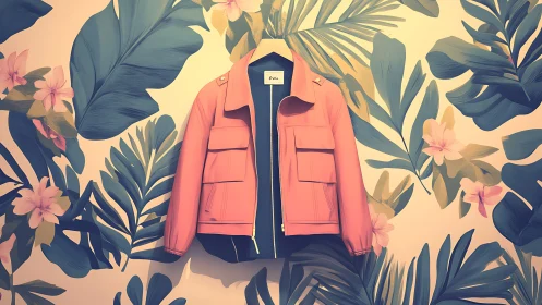 Coral Jacket Against Tropical Botanical Background.