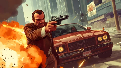 Armed man fires handgun beside exploding car in city street.