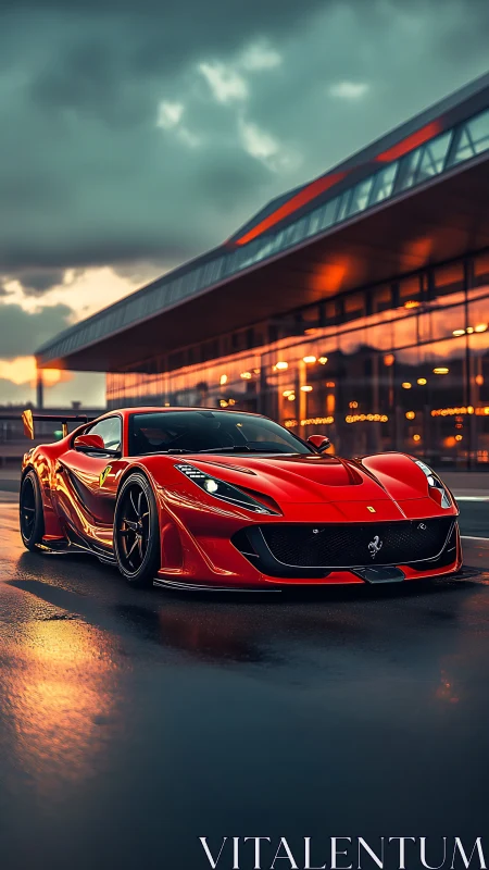 Low-slung red supercar gleams under dramatic sunset sky.
