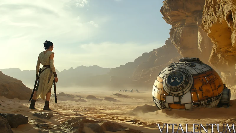 Desert explorer evaluates damaged spherical pod amid eroded cliffs