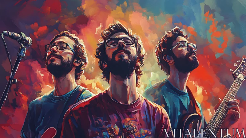 Triptych portrait of indie musician in vibrant digital brushwork