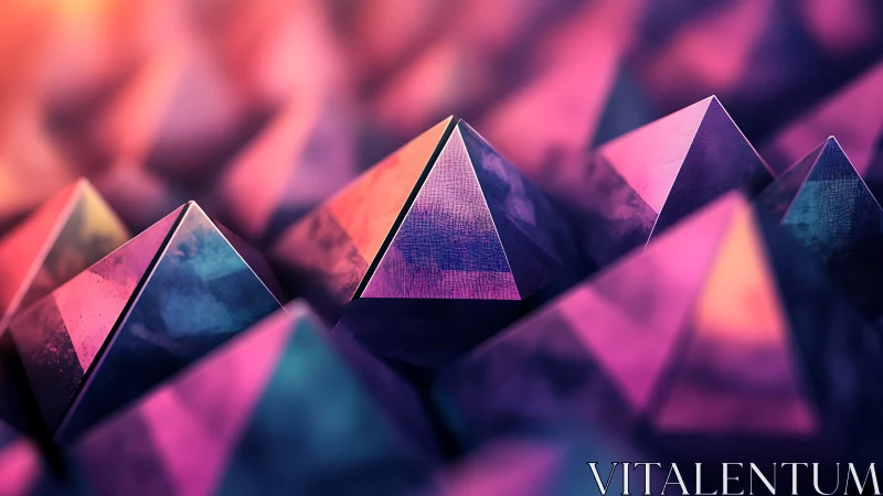 Neon geometric pyramids in abstract depth field cluster.