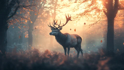 Digital painting of stag in backlit autumn forest atmosphere.