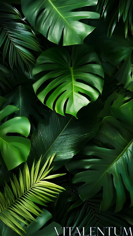 High-contrast monstera and palm leaf canopy with glossy textures