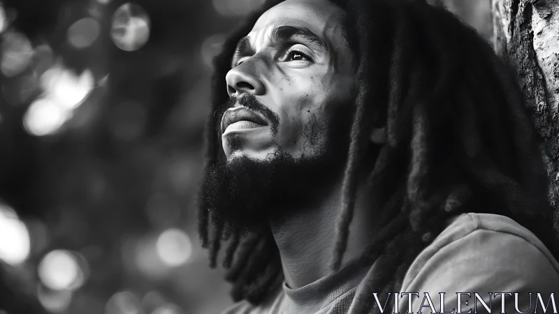 Monochrome contemplative portrait with shallow depth of field.