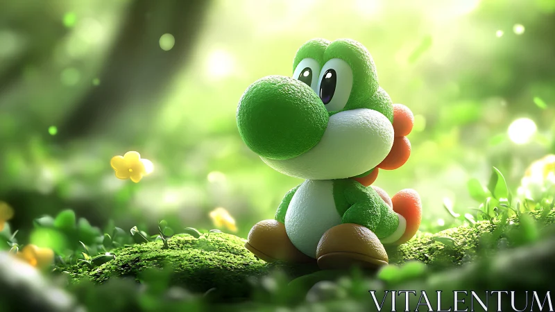 Gentle green dino toy daydreams in a glowing forest meadow.