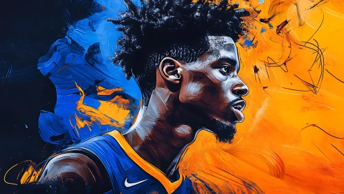 Electric courtside muse in blue and orange brushstorm profile.