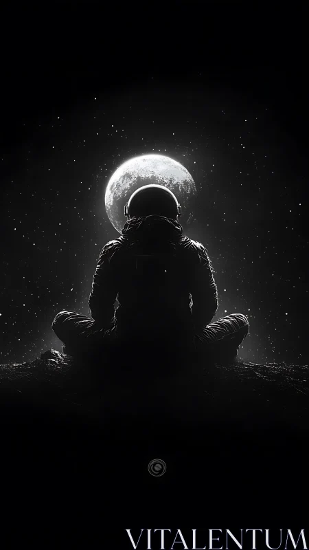 Solitary astronaut silhouette sits before illuminated moon