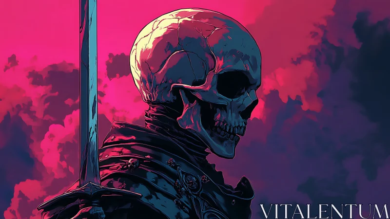 Skull-headed figure with sword stands before magenta clouds