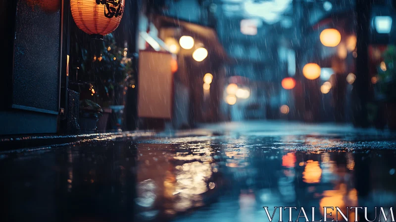 Photorealistic rainy alleyway with lantern bokeh reflections.