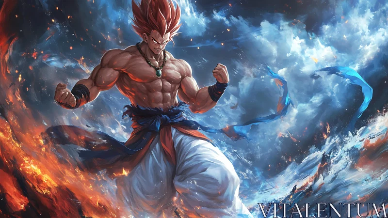 Muscular fighter amid swirling fire and storm clouds.