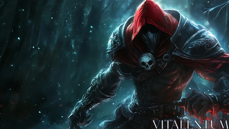 Hooded death knight stalks frozen spectral forest night