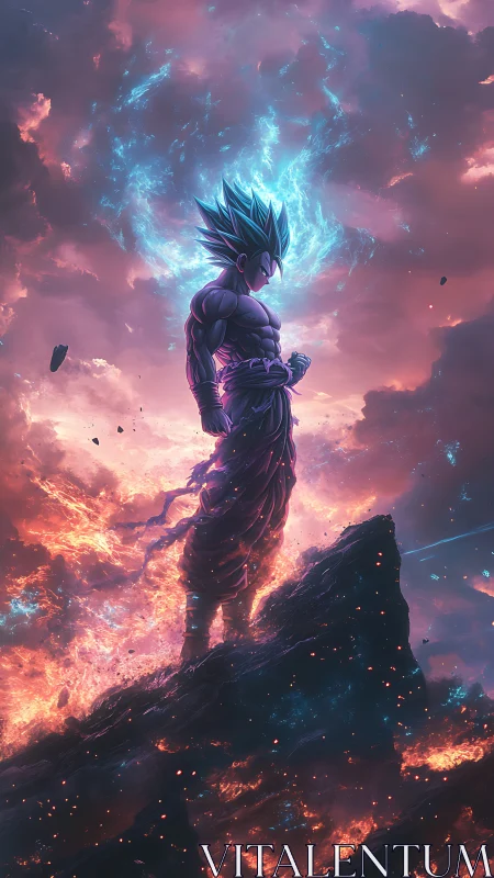Celestial Saiyan stands over molten dusk horizons.