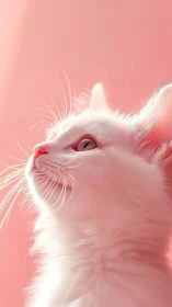 White Cat Against Pink Background Gazing Upward