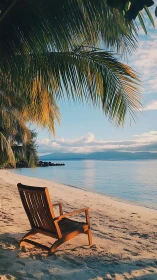 Tropical Beach Vignette: Wooden Armchair, Palm Fronds, Crystalline Seascape.