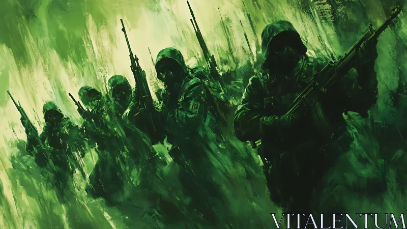 Green tactical squad advancing through abstract battlefield.