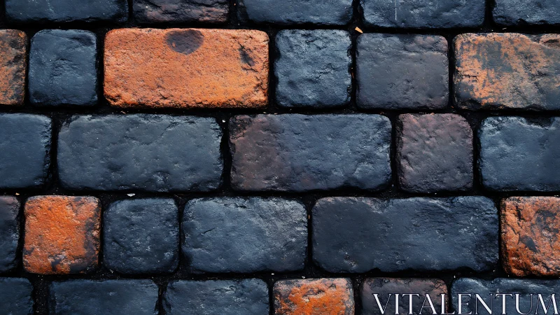 Wet dark cobblestone pavement with orange brick accents.