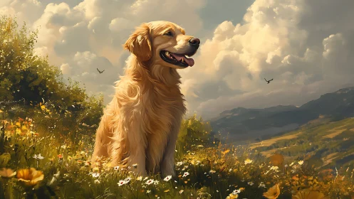Golden retriever in atmospherically lit alpine wildflower meadow.