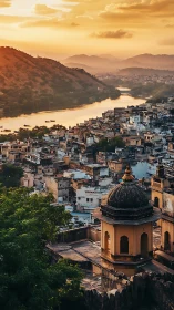 Sunlit riverside Indian cityscape with domed pavilion architecture