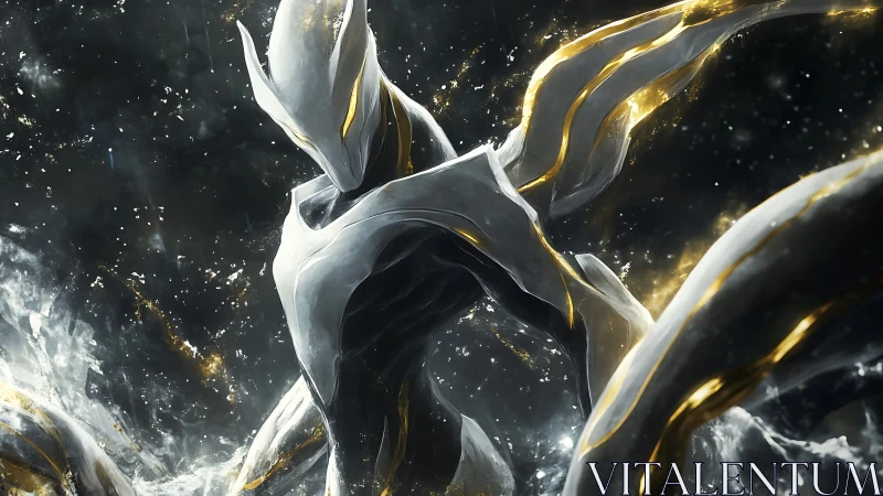 Silver celestial warrior emerges through liquid starlight