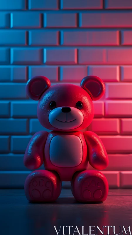 Neon-lit toy bear against blue and magenta brick wall backdrop.