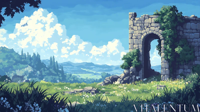 Pixel ruins overlook sunlit valley under towering summer clouds