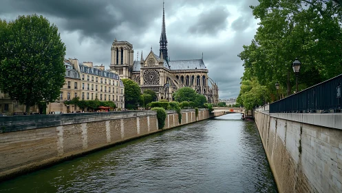 Gothic riverside cathedral under brooding storm clouds.