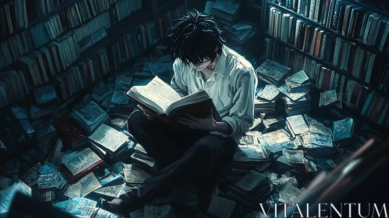 Solitary reader surrounded by scattered books on floor.