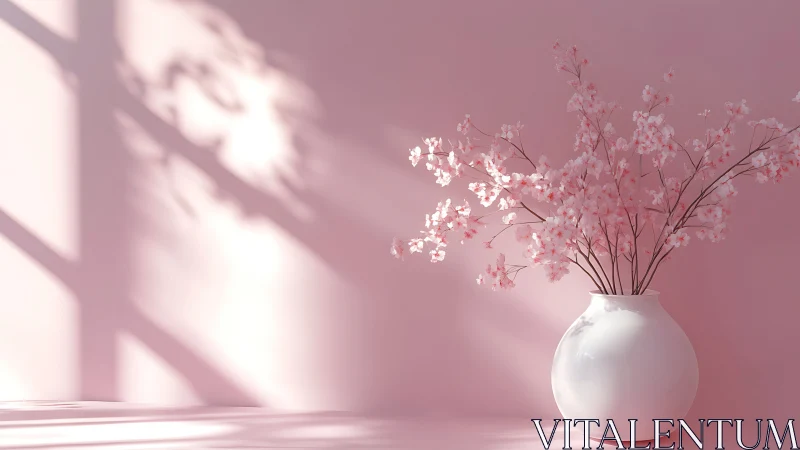 Soft pink blossoms in a white vase catching gentle sunlight.