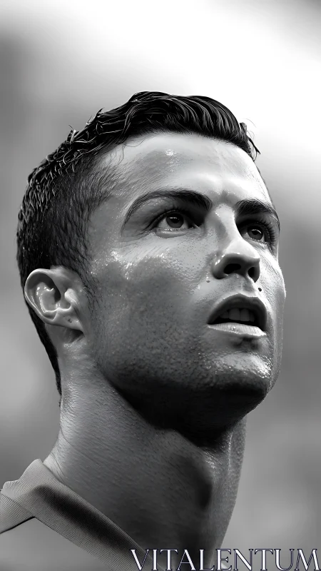 Monochrome close-up portrait of focused soccer player.