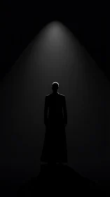Solitary figure stands beneath stark overhead spotlight.
