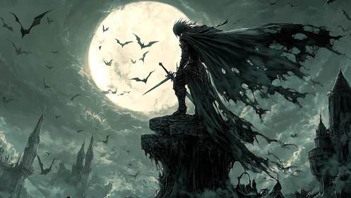 Cloaked swordsman on cliff before large full moon.