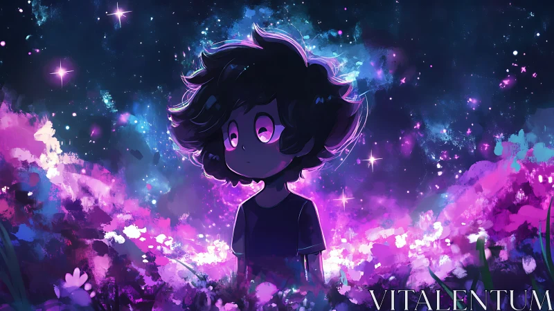Starry night child in glowing violet and blue field.