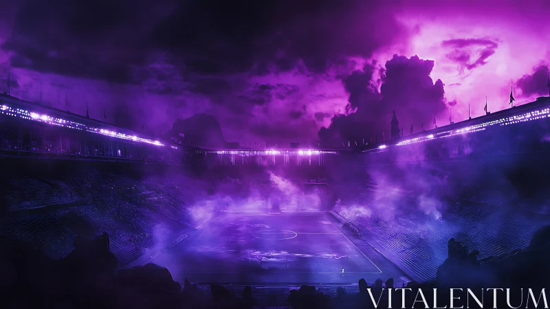 Spectral floodlit stadium under magenta storm atmosphere.