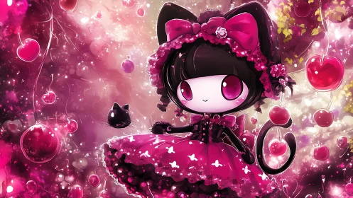 Chibi cat girl stands in glowing cherry themed fantasy scene
