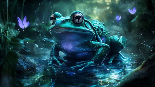 Glowing blue frog in fantasy forest pond with butterflies.
