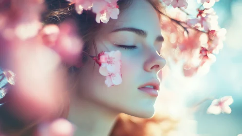 Young woman poses amid pink blossoms with eyes closed