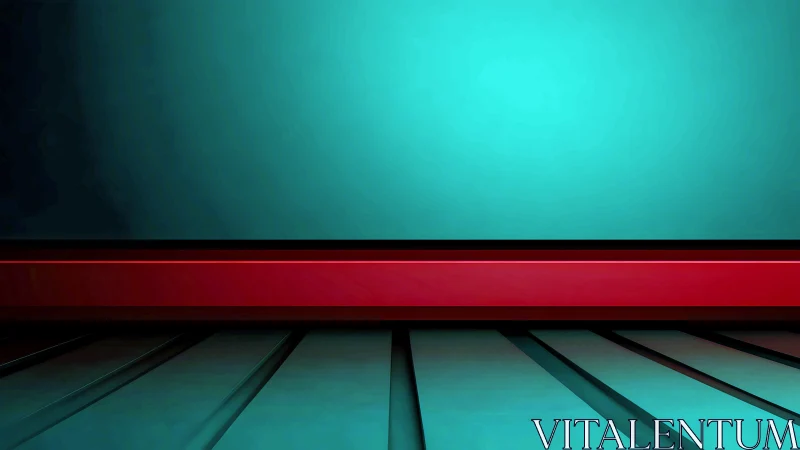 Teal horizon and red stripe in a sleek abstract room.