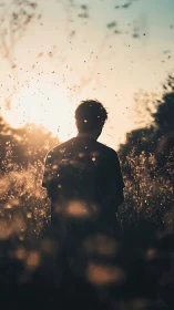 Backlit figure in glowing meadow at golden hour dusk.