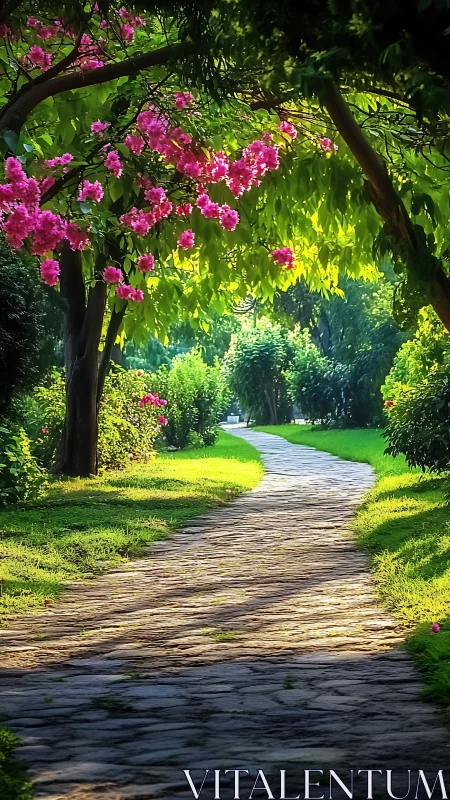 Curved stone path under backlit foliage and saturated blossoms