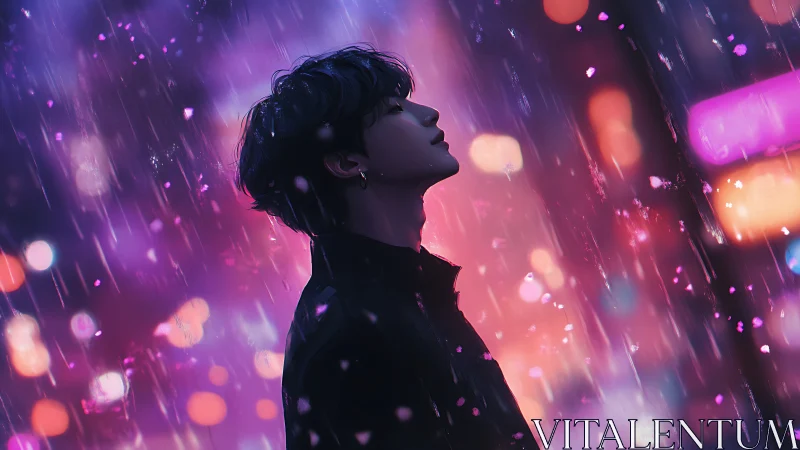 Dreamy night rain with a quiet soul in neon glow.