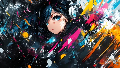 Anime portrait in kinetic neon splatter abstraction style.
