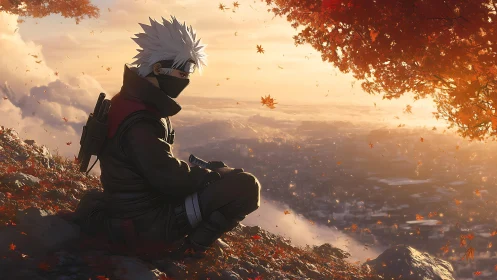 Masked anime warrior rests above a glowing autumn cityscape.