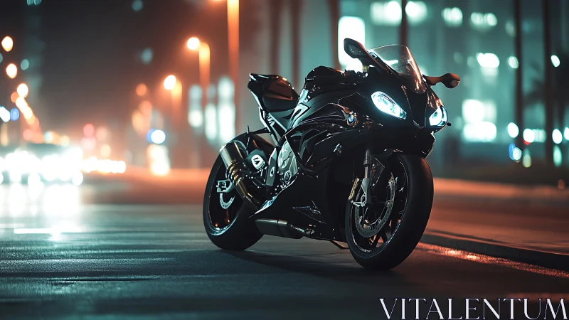 Midnight superbike prowls neon city streets in chrome hush.
