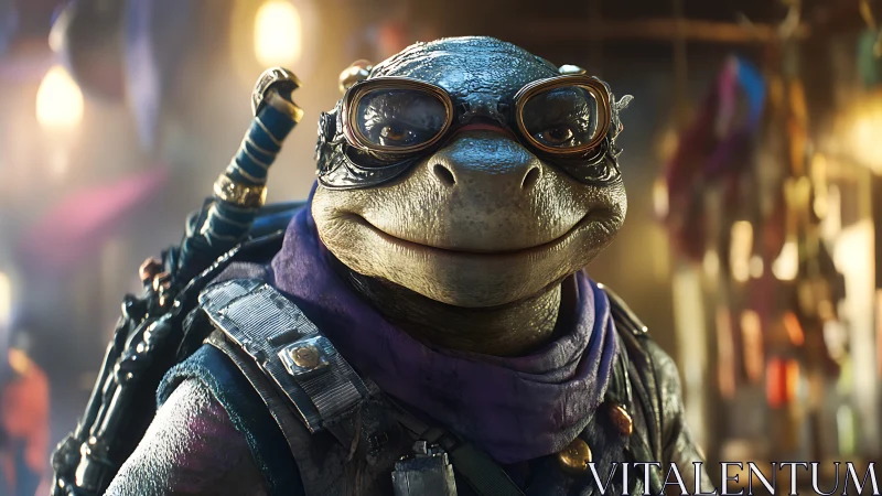 Cyberpunk turtle adventurer wears goggles and tactical gear