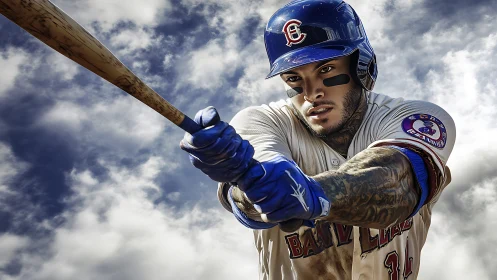 Powerful baseball swing framed against restless sky.